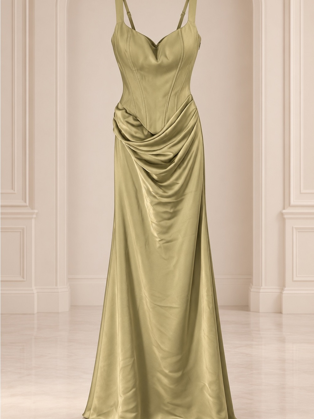 Elegant Olive/Sage Satin Draped Evening Dress